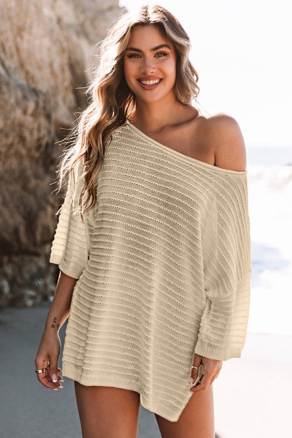 SimoneTextured Knit Drop Shoulder Short Sleeve Sweater-3