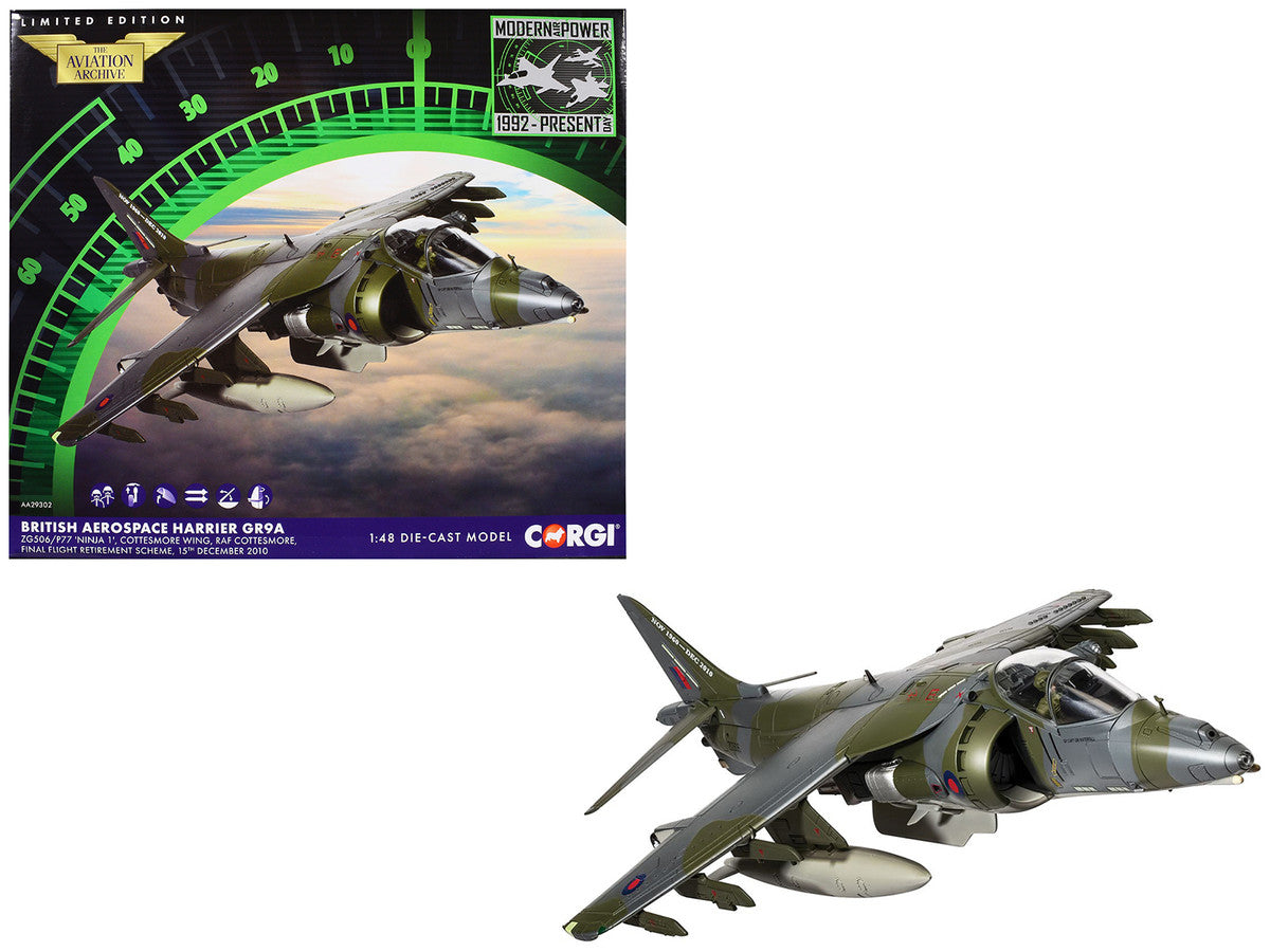 British Aerospace Harrier GR9A Aircraft "ZG506/P77 Ninja 1 RAF Cottesmore Final Flight Retirement Scheme" (2010) Royal Air Force "The Aviation Archive" Series 1/48 Diecast Model by Corgi-0