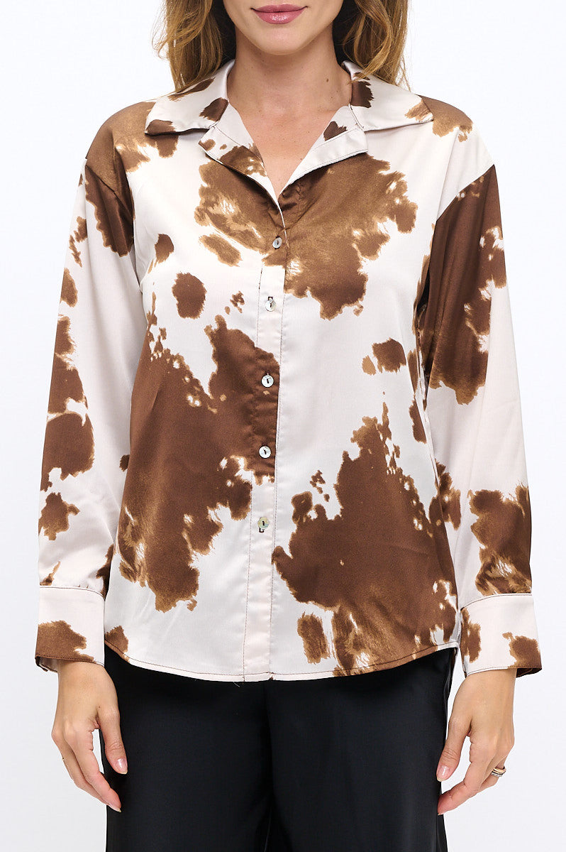 Cow Print Collared Top with Cuffed Split Sleeve