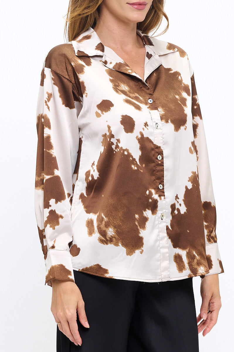 Cow Print Collared Top with Cuffed Split Sleeve