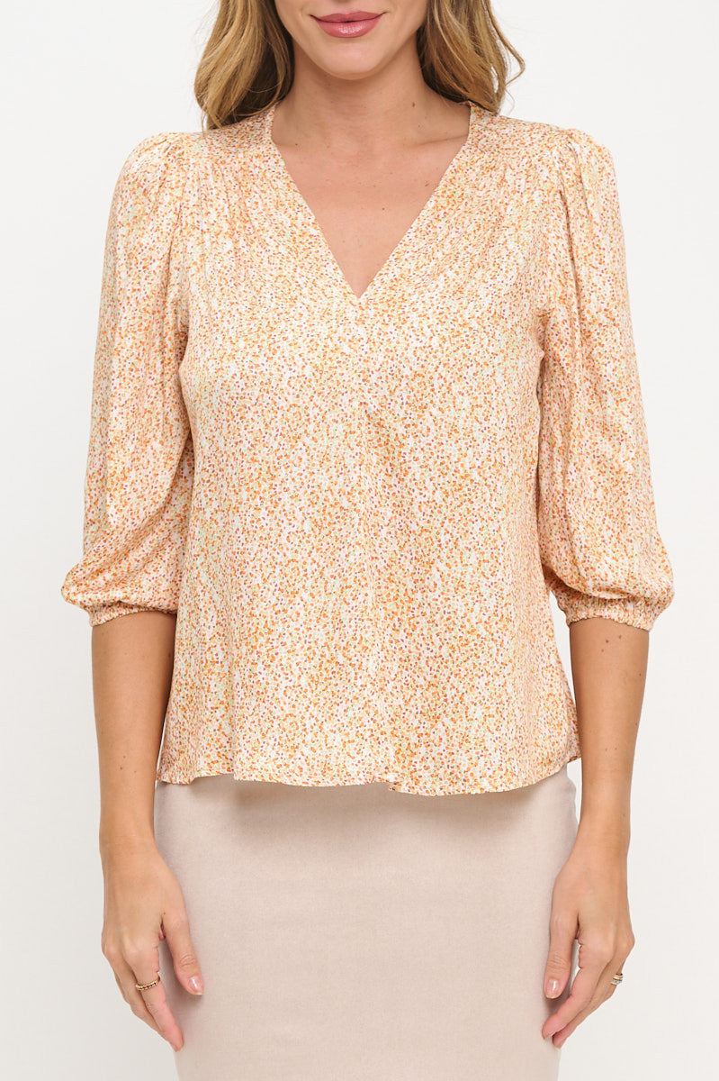 Polka Dot Print 3/4 Sleeve V neck Top