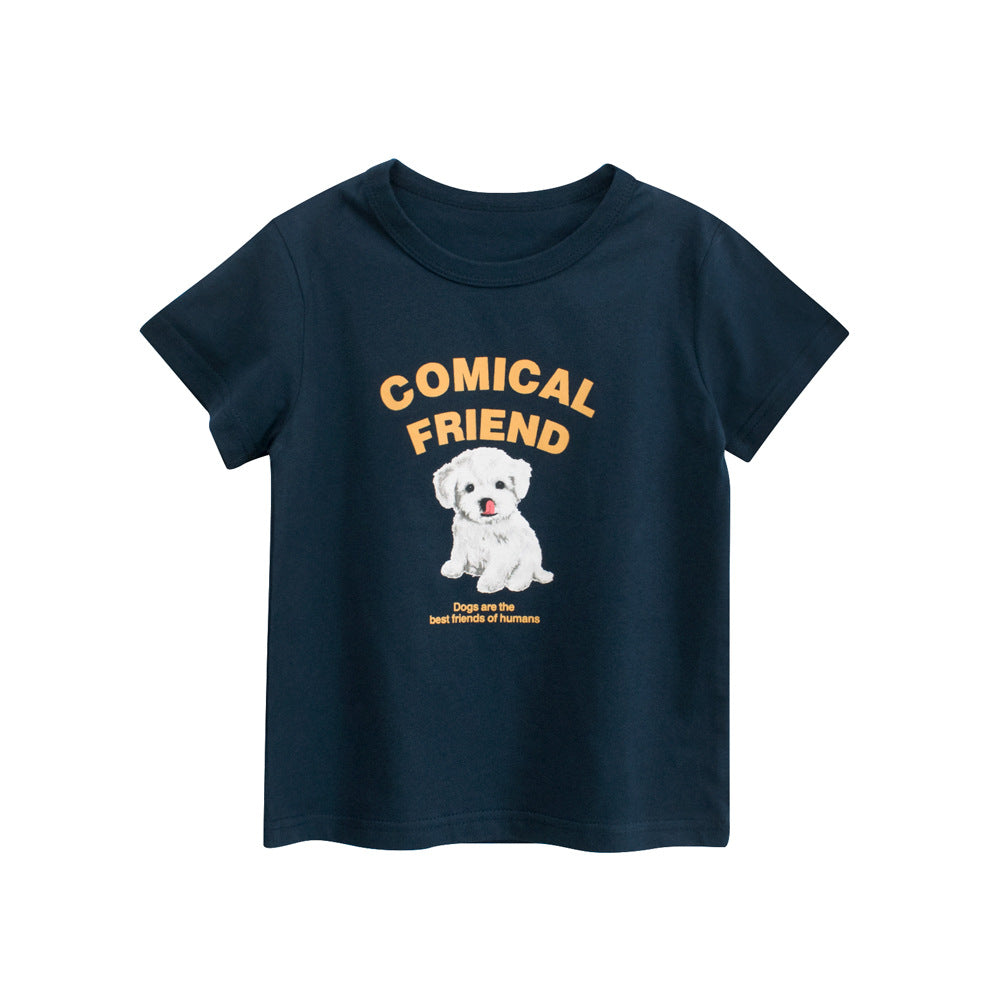 Boys’ Puppy Cartoon and Letters Print T-shirt in European and American Style-0