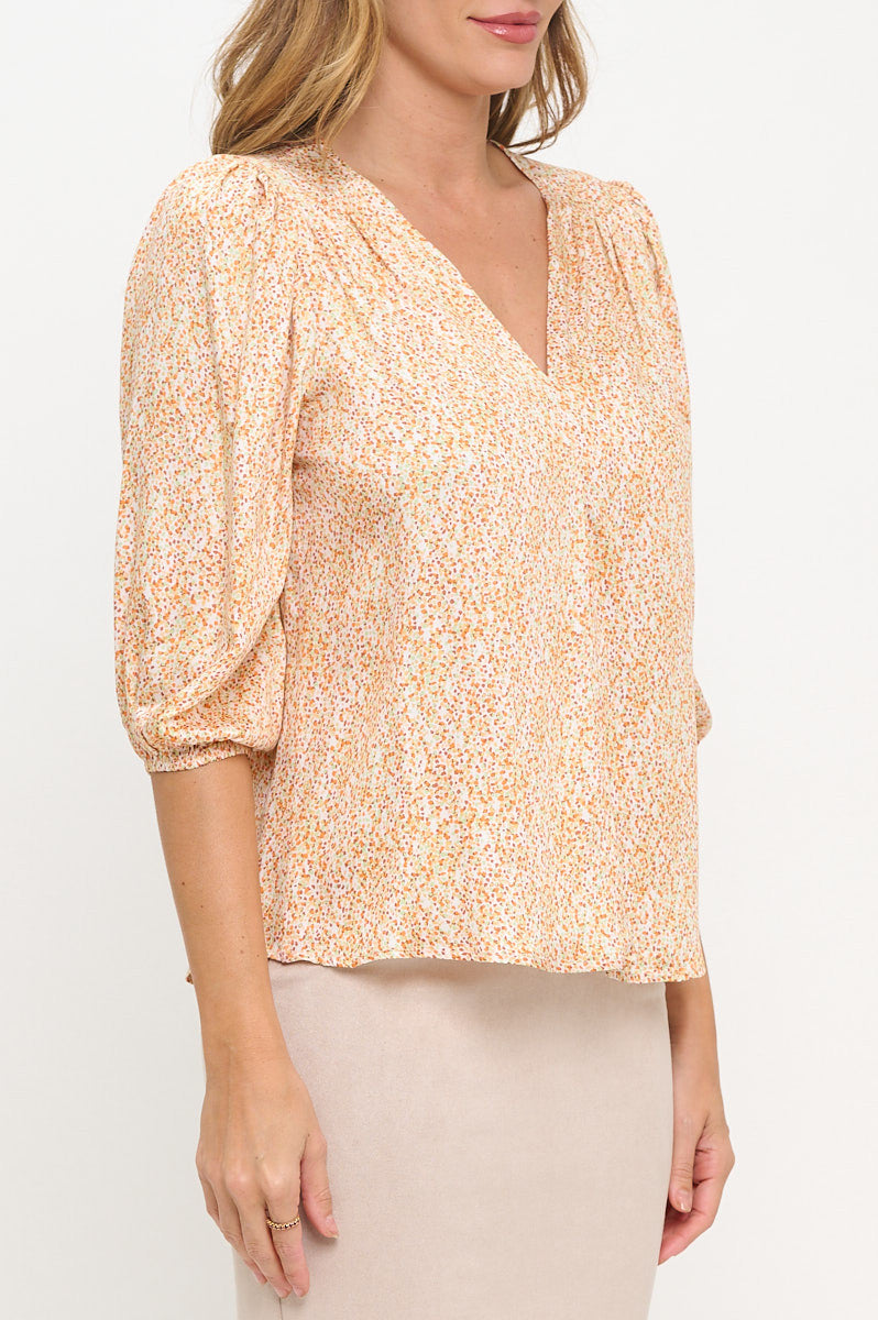 Polka Dot Print 3/4 Sleeve V neck Top