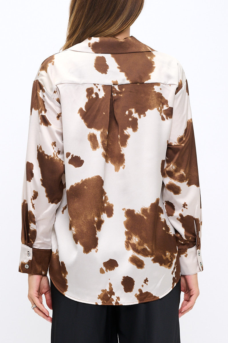 Cow Print Collared Top with Cuffed Split Sleeve