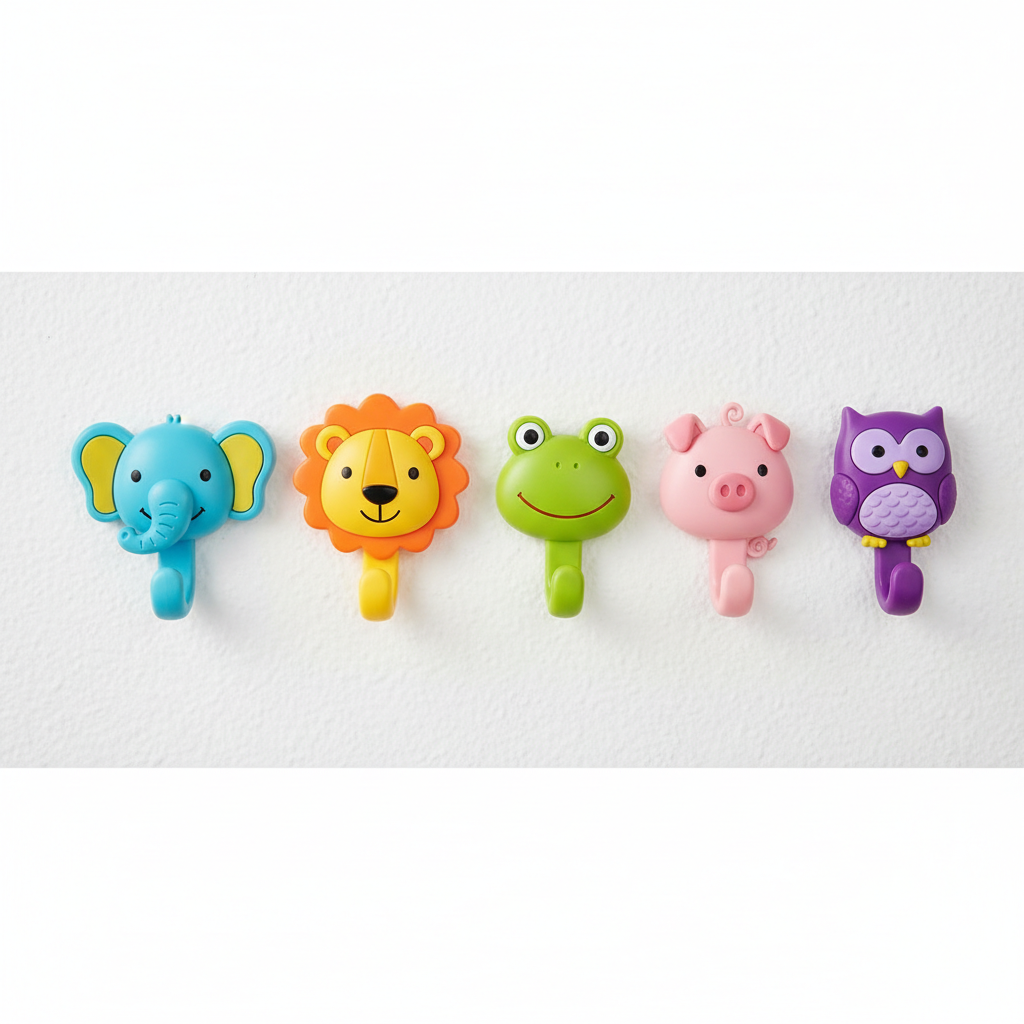 Colorful cartoon coat hooks with fun character designs for kids rooms