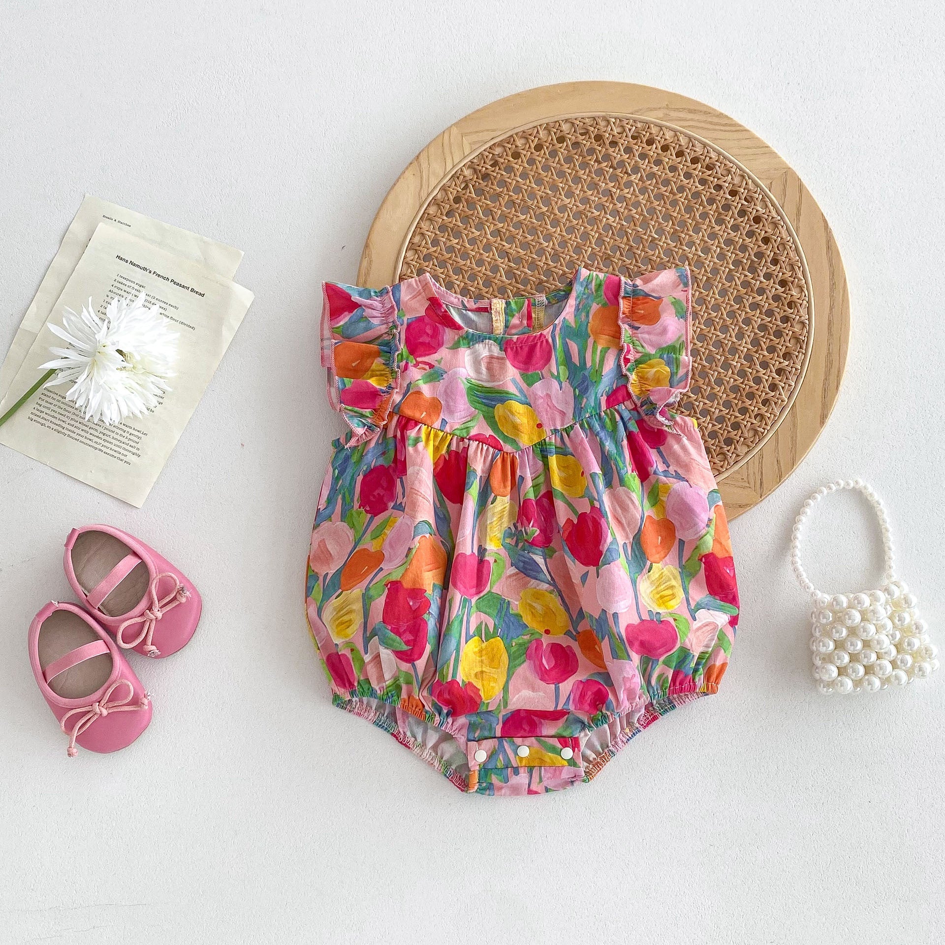 New Arrival Summer Baby Kids Girls Colorful Flowers Pattern Fly Sleeves Crew Neck Onesies
