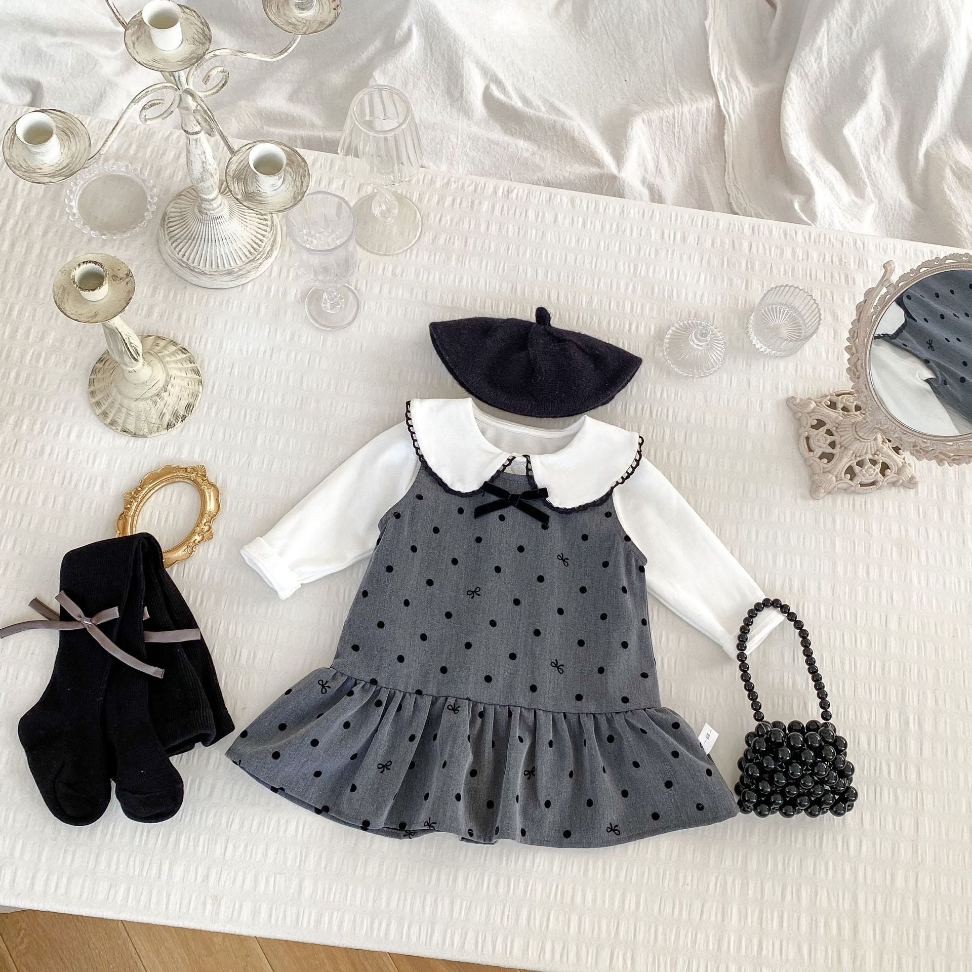 Arrival Spring Girls Long Sleeves Simple Top and Dots Pattern Sleeveless Dress Set Clothing Set