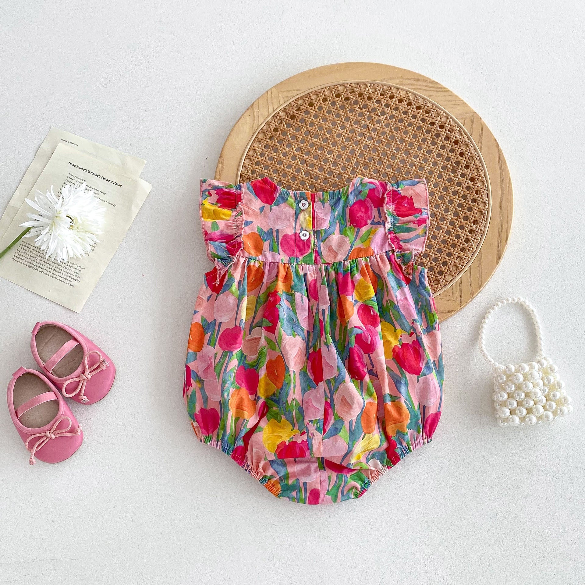 New Arrival Summer Baby Kids Girls Colorful Flowers Pattern Fly Sleeves Crew Neck Onesies
