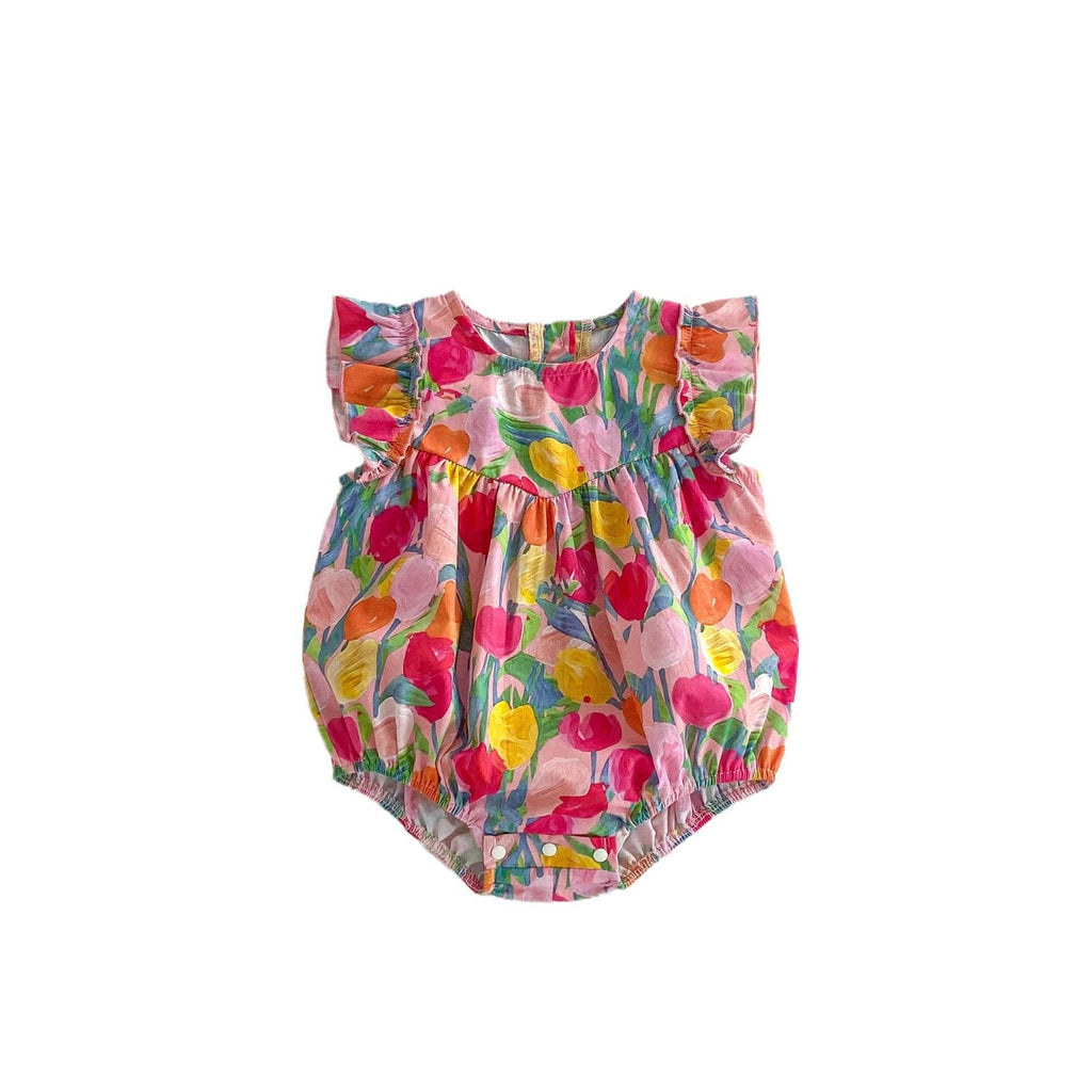 New Arrival Summer Baby Kids Girls Colorful Flowers Pattern Fly Sleeves Crew Neck Onesies