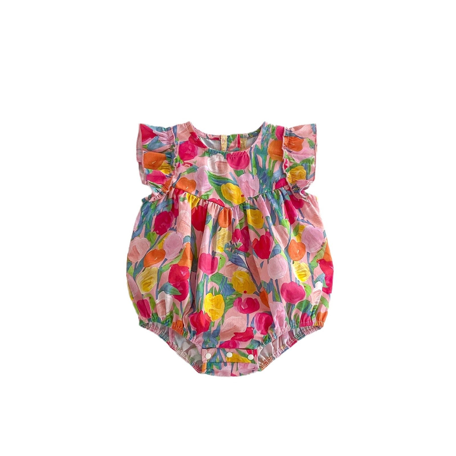 New Arrival Summer Baby Kids Girls Colorful Flowers Pattern Fly Sleeves Crew Neck Onesies